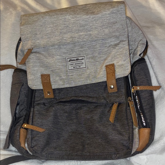 Eddie Bauer Handbags - Eddie Bauer Two-Tone Gray and Tan Baby Backpack